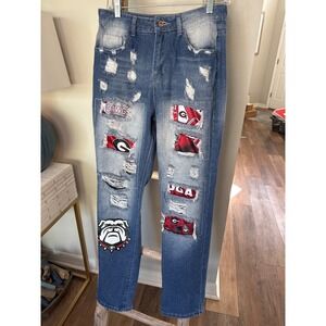 Women's custom distressed jeans patches graphics celebrating Georgia Bulldogs S